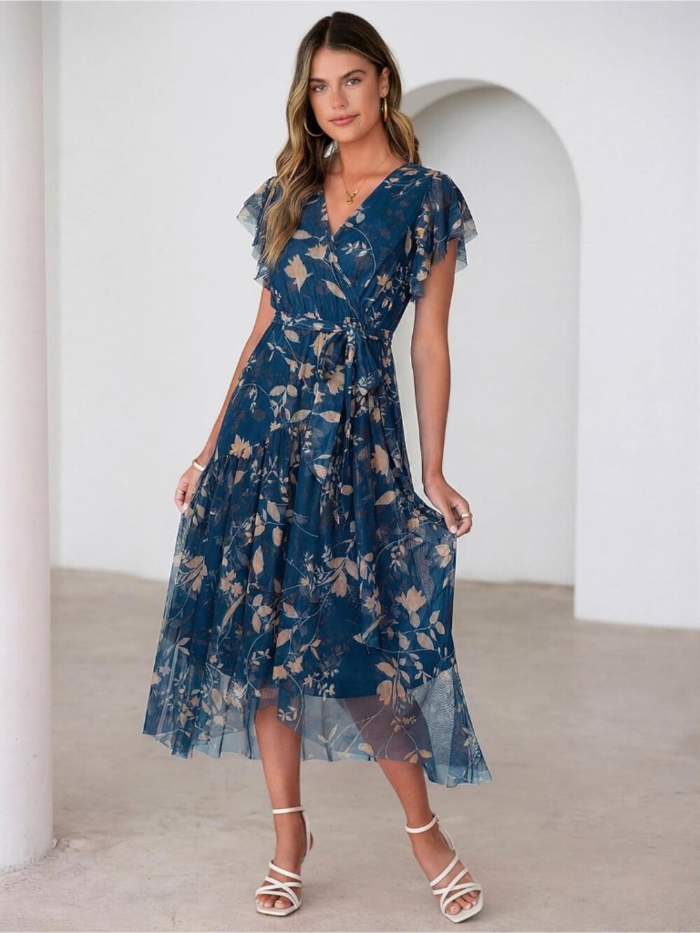 Women's Blue Ink Short Sleeve V Neck Imported Casual Mesh Floral Maxi Dress - Picture 7 of 7